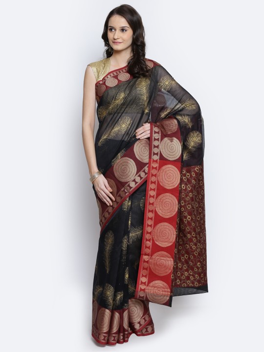 Black & Maroon Cotton Supernet Printed Banarasi Saree