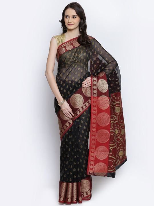 Black Cotton Supernet Printed Banarasi Saree