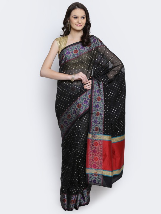 Black Cotton Supernet Printed Banarasi Saree