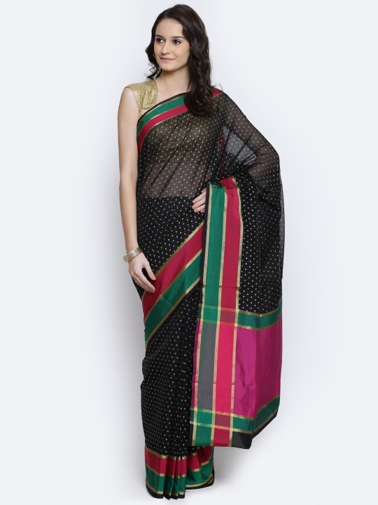 Black Supernet Cotton Printed Banarasi Saree