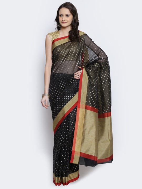 Black Cotton Supernet Self-Checked Printed Banarasi Saree