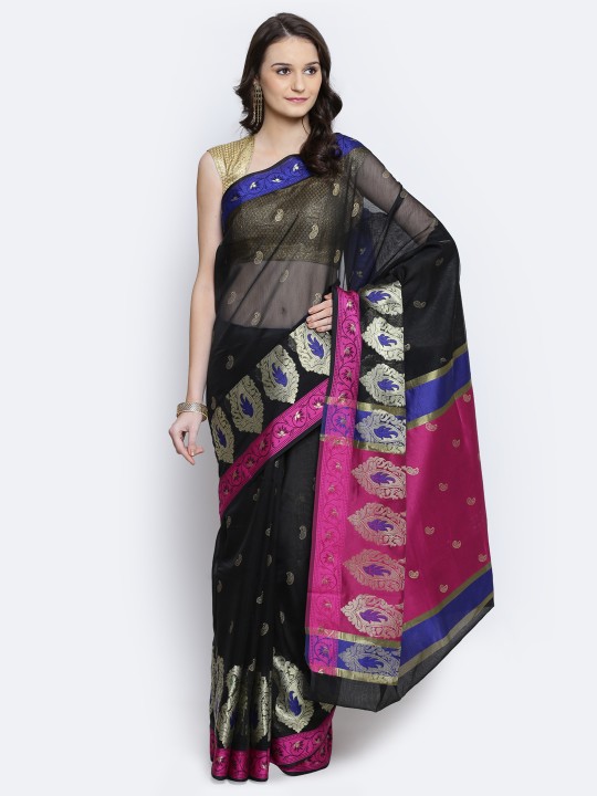 Black Supernet Cotton Patterned Banarasi Saree