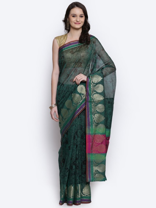 Green & Black Cotton Supernet Printed Banarasi Saree