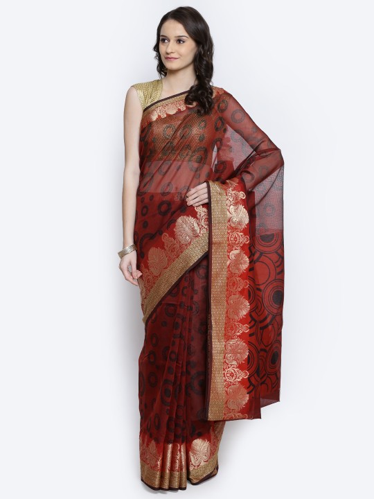 Rust Red Supernet Cotton Printed Banarasi Saree