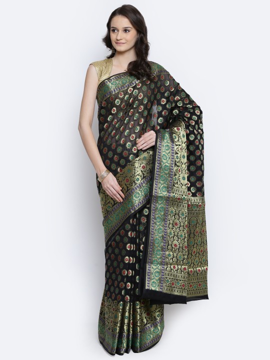 Black Cotton Supernet Patterned Banarasi Saree