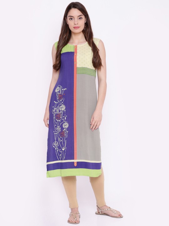 Women Purple & Grey Printed Straight Kurta S