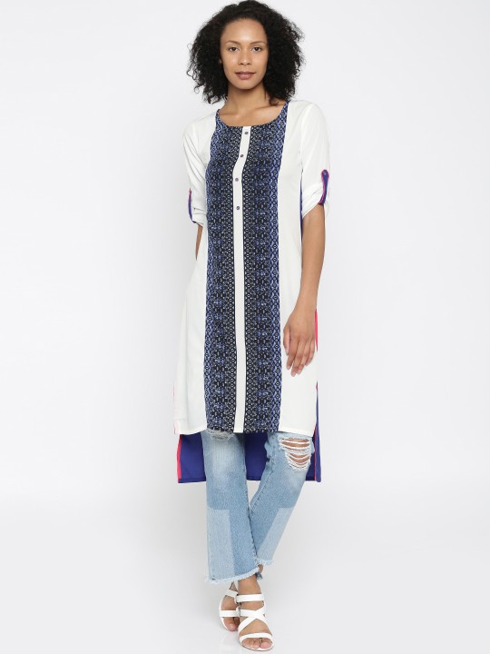 Women Off-White & Blue Printed Straight Kurta S