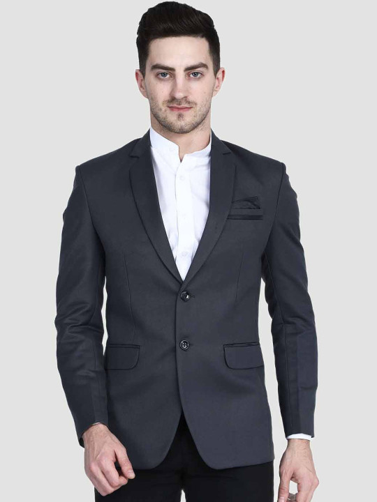 TAHVO Men Grey Solid Slim Fit Single-Breasted Blazer