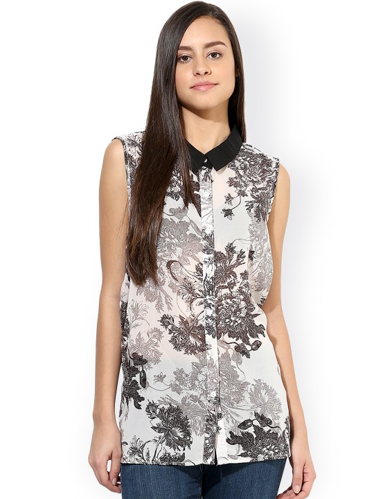 Brown Floral Print Semi-Sheer Shirt-Style Top