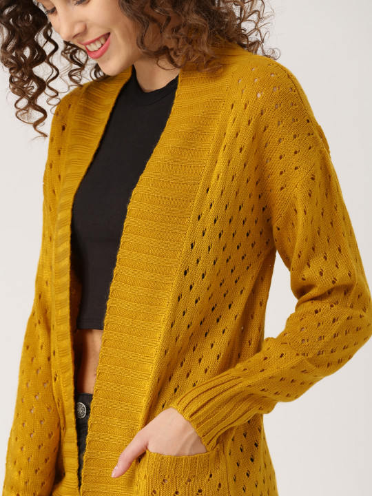 Women Mustard Yellow Self-Design Front-Open Sweater S