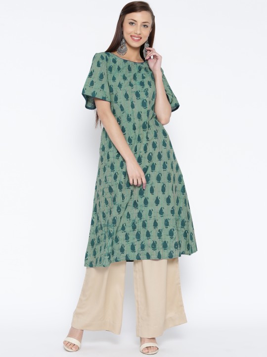 Women Green & Navy Printed A-Line Kurta XS