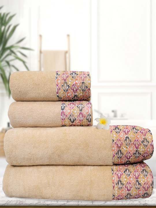 RANGOLI Pack Of 4 Beige Solid 450 GSM Pure Cotton Towel Set