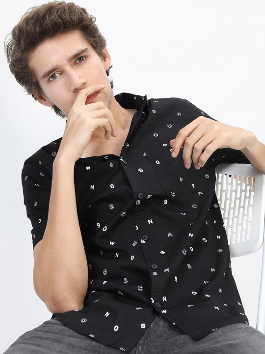Men Black Printed Cotton Slim Fit Casual Shirt deal from myntra