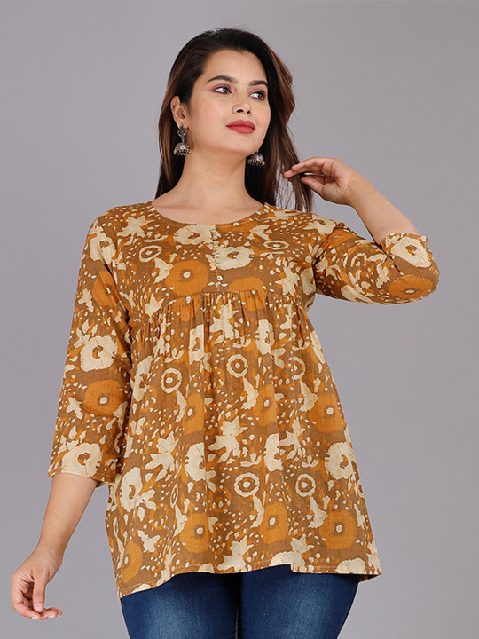DORIYA Women Brown Floral Print Cotton Blend Top