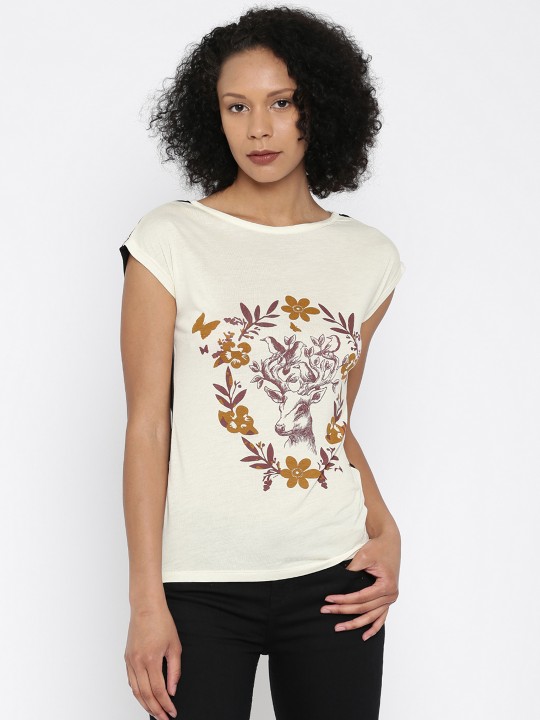 Women Off-white & Black Printed Round Neck T-shirt S