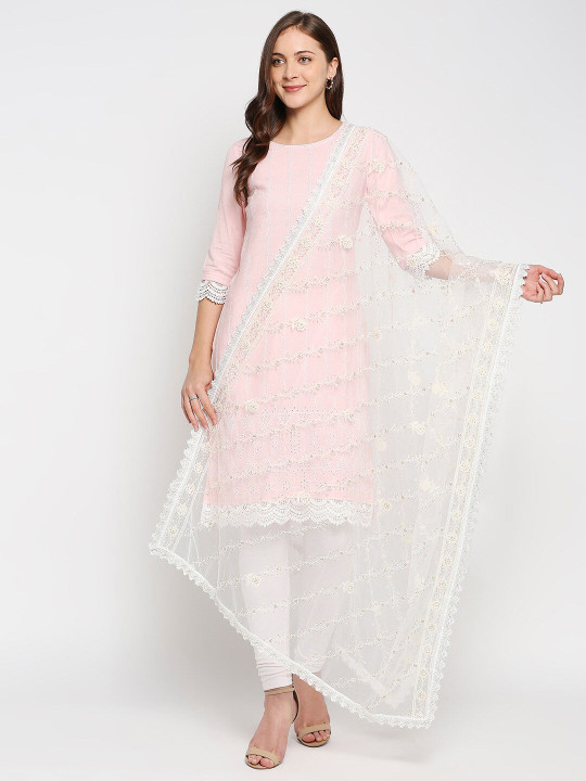 Dupatta Bazaar Off White Floral Embroidered Dupatta
