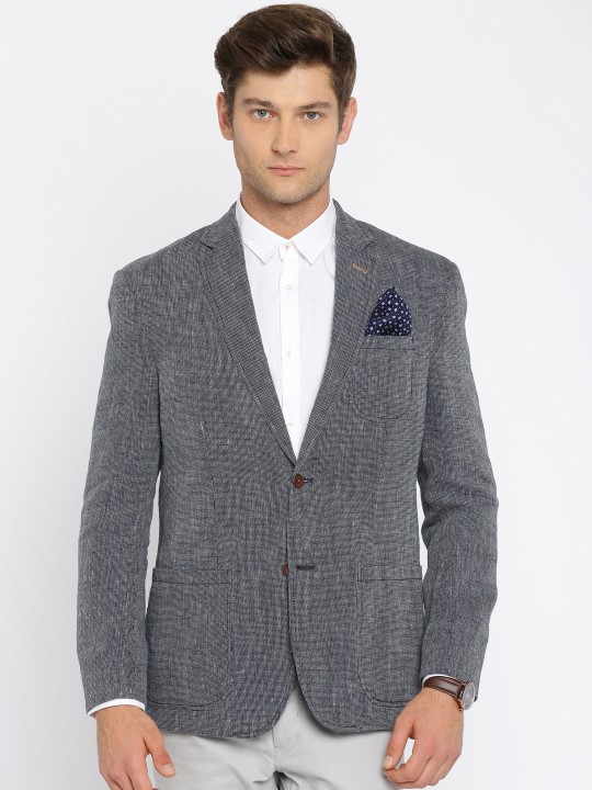Navy Regular Fit Single-Breasted Linen Blazer 38