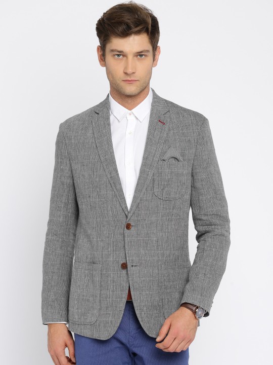 Grey Checked Regular Fit Single-Breasted Linen Formal Blazer 38
