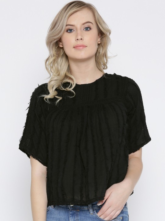 Women Black Self-Design A-Line Top XS
