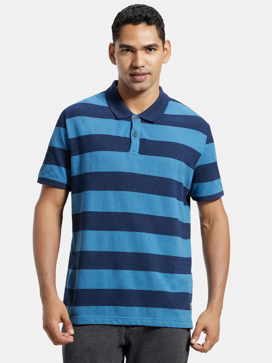 Jockey Men Blue Striped Polo Collar T-shirt