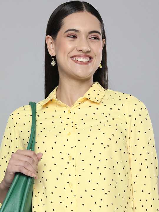 Here&Now Women Yellow And Black Polka Dot Printed Casual Shirt