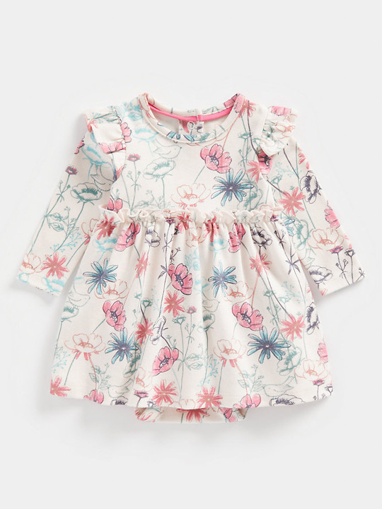mothercare Infant Girls Pink Floral Print Pure Cotton Dress With Attached Panty