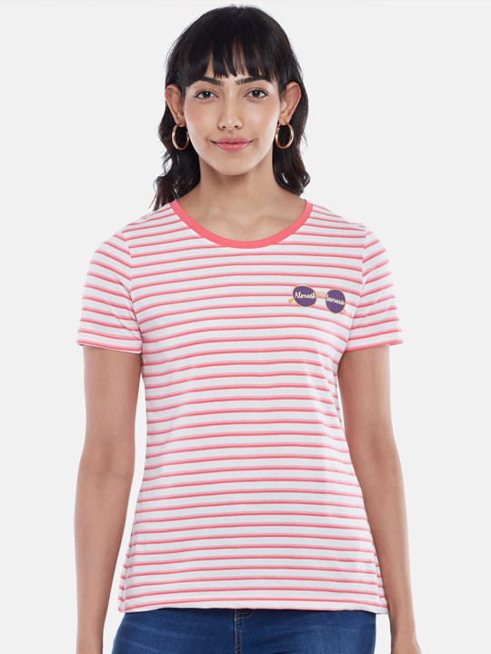 Honey by Pantaloons Women Pink Striped T-shirt