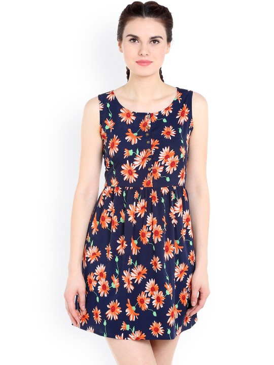 Women Blue & Red Floral Print Fit & Flare Dress S