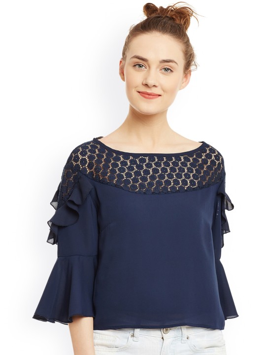 Women Navy Solid Top with Lace Yoke XS