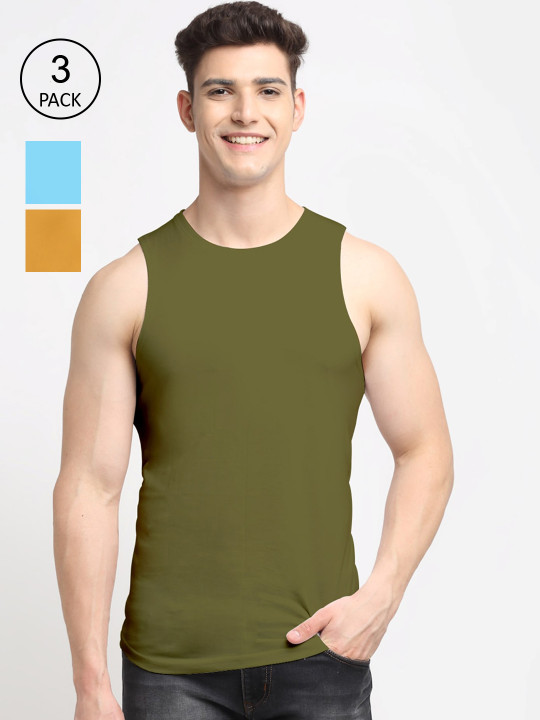 Friskers Men Pack Of 3 Turquoise, Gold, Olive, Solid Pure Cotton Innerwear Vests