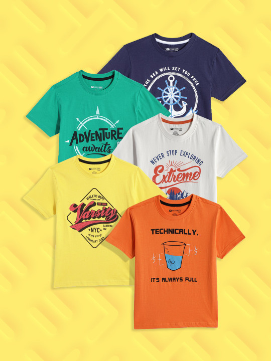 Ruggers Junior Boys Multicoloured Set Of 5 Typography Print Pure Cotton Feel Good T-shirts