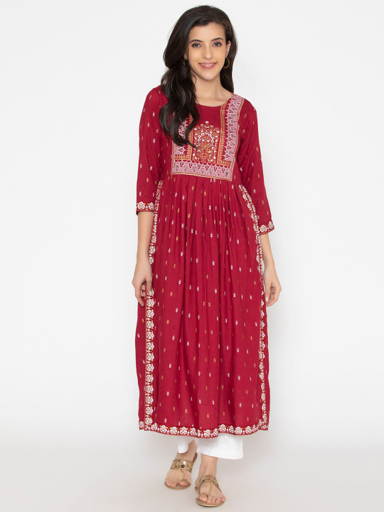 SAABHI Ethnic Motif Printed Mirror Work A-Line Kurta