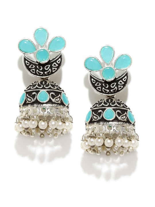 Silver-Toned & Blue Dome Shaped Jhumkas