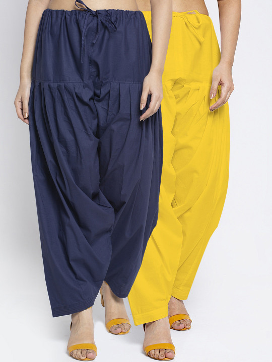 GRACIT Women Pack Of 2 Yellow & Navyblue Solid Loose Fit Pure Cotton Salwars