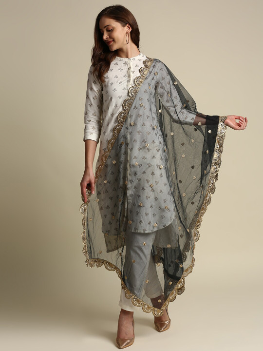 Dupatta Bazaar Black & Gold-Toned Ethnic Motifs Embroidered Net Dupatta with Scallop