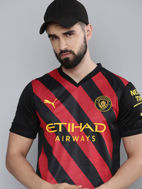 Men Black & Red Manchester City Printed Jersey Replica Sustainable T-shirt