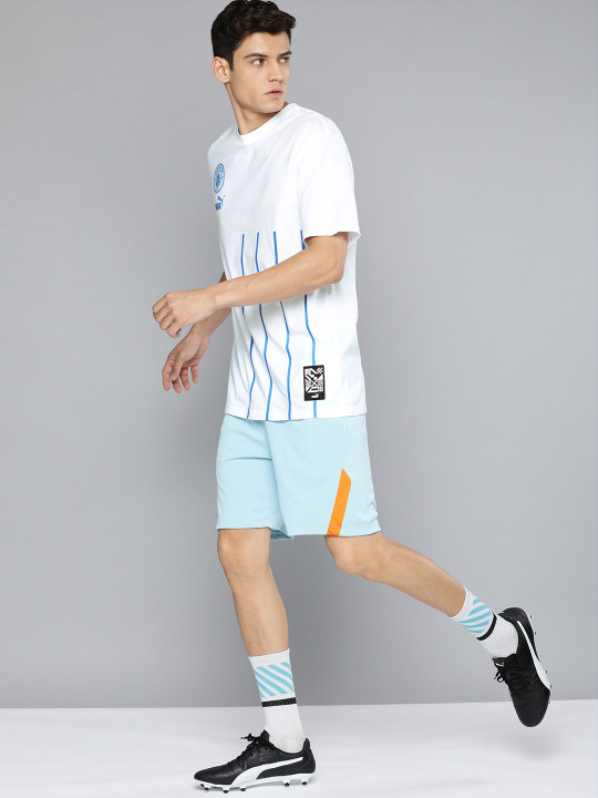 Men White Brand Logo Manchester City Striped Pure Cotton Football T-shirt