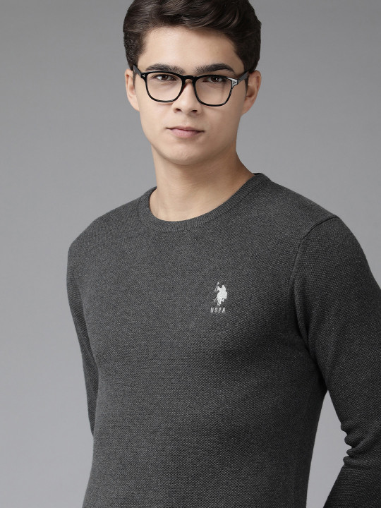 U.S. Polo Assn. Men Charcoal Grey Solid Pure Cotton Pullover