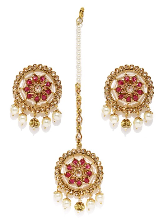 Gold-Toned & Magenta Stone-Studded Jewellery Set