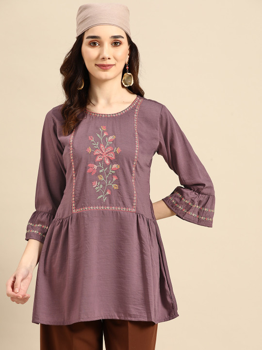 Sangria Purple Embroidered Bell Sleeves Longline Top