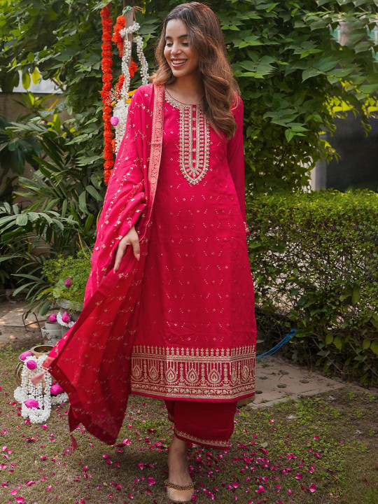 Libas Women Magenta Floral Embroidered Kurta with Palazzos & Dupatta