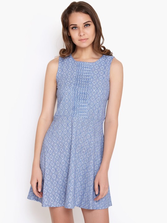 Women Blue Printed Fit & Flare Dress S