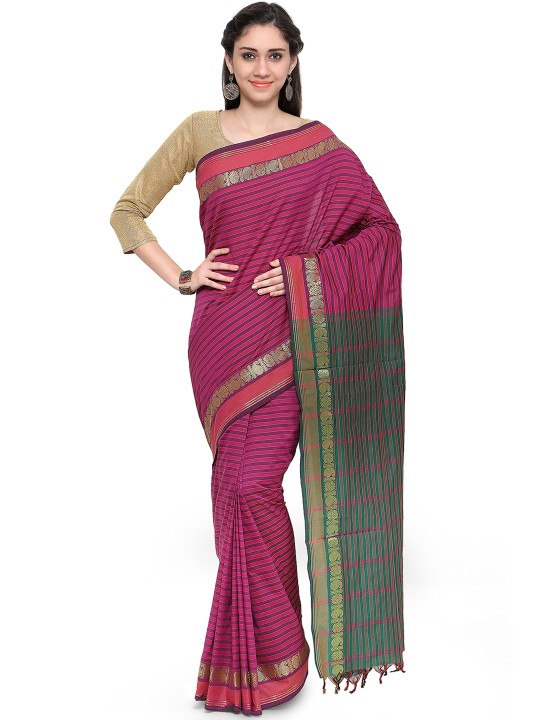 Pink & Green Art Silk Striped Saree