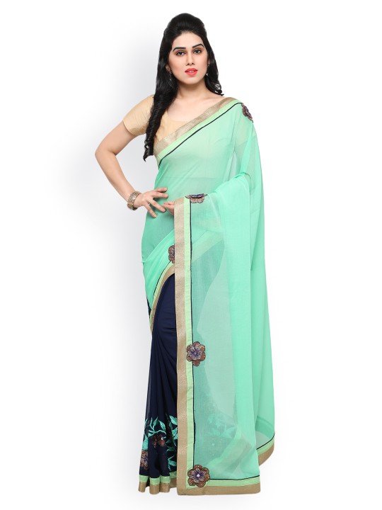 Green & Navy Blue Poly Georgette Solid Saree