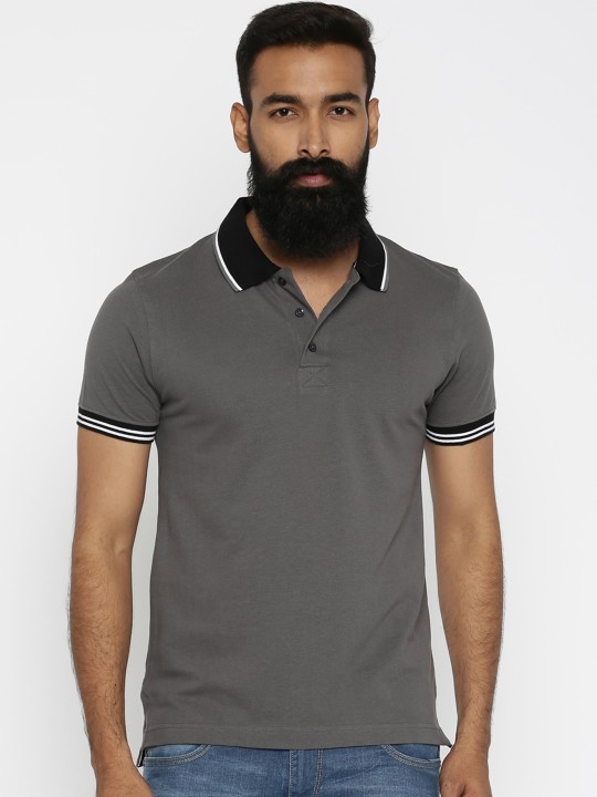 Men Grey Solid Polo Collar T-shirt L