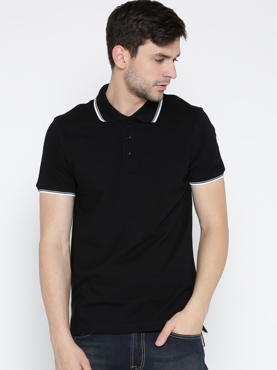 Men Black Solid Polo Collar T-shirt M
