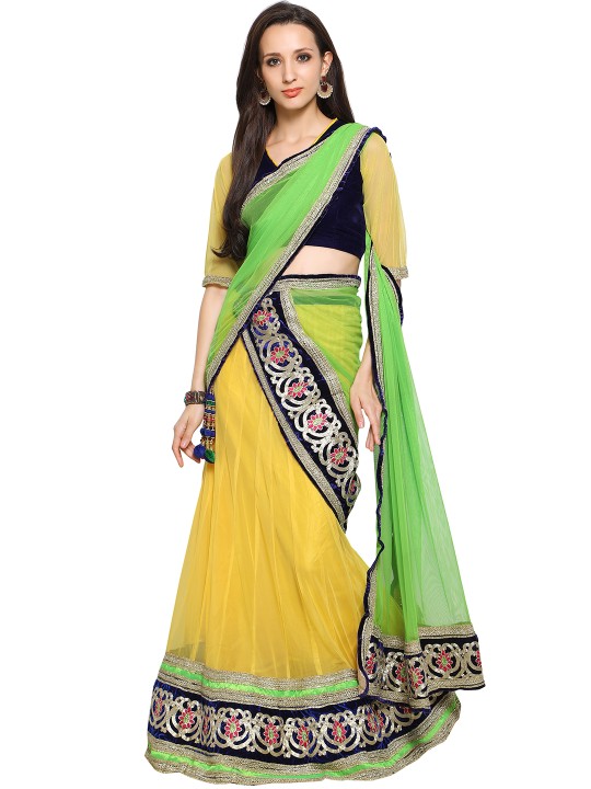 Navy & Yellow Semi-Stitched Lehenga Choli with Dupatta