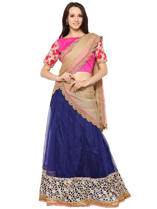 Navy & Pink Semi-Stitched Lehenga Choli with Dupatta