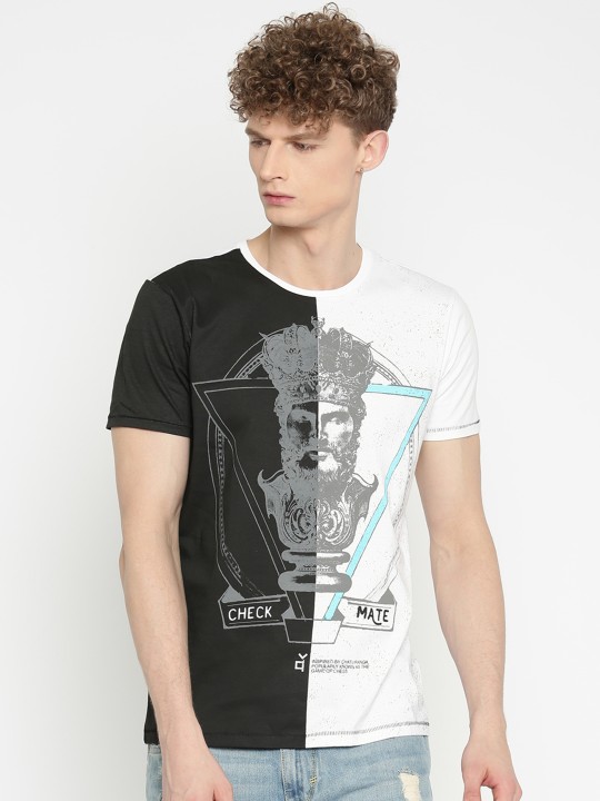 Men White Printed Round Neck T-shirt S