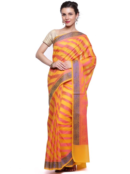 Yellow & Pink Art Silk Woven Design Banarasi Saree